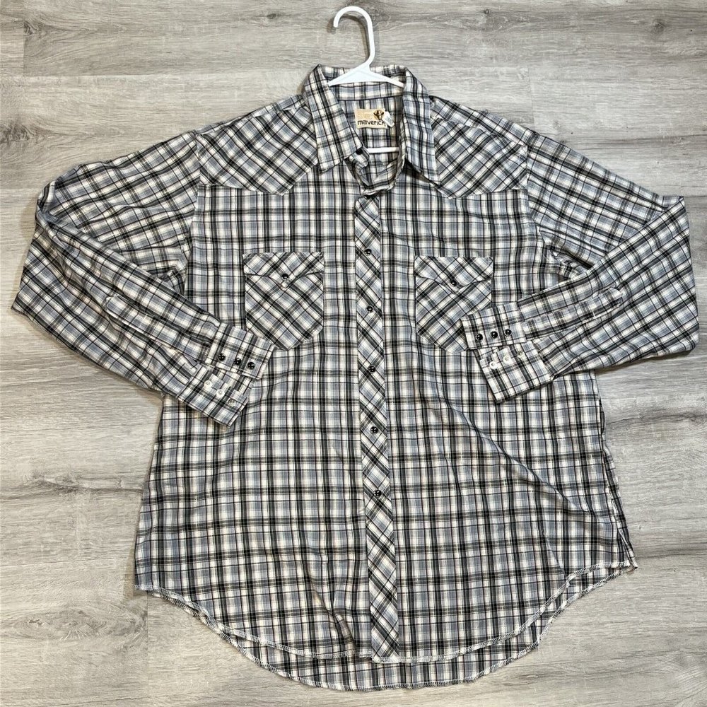 Maverick Shirt Long Sleeve‎ Size 18 Men’s Vintage Western Plaid Pearl Snap Shirt